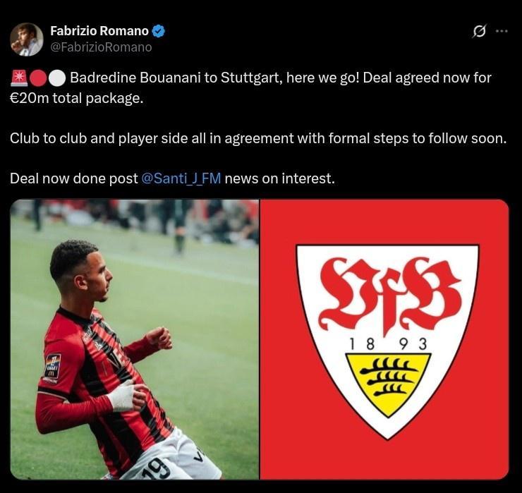 Here we go！罗马诺：斯图加特即将签下尼斯20岁前锋布阿纳尼